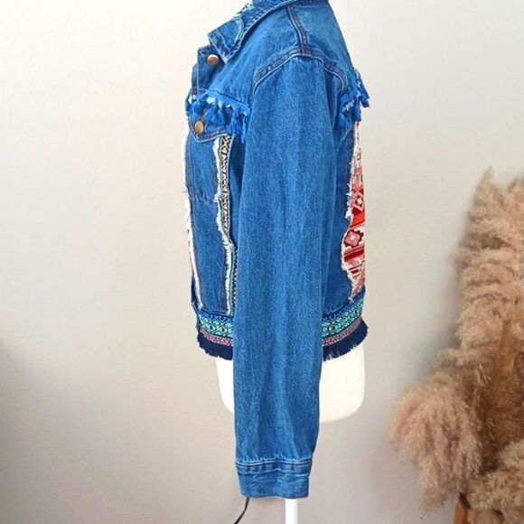 Denim land Paris Collection Women's boho fringe button-up Jean jacket sz large - Picture 6 of 14